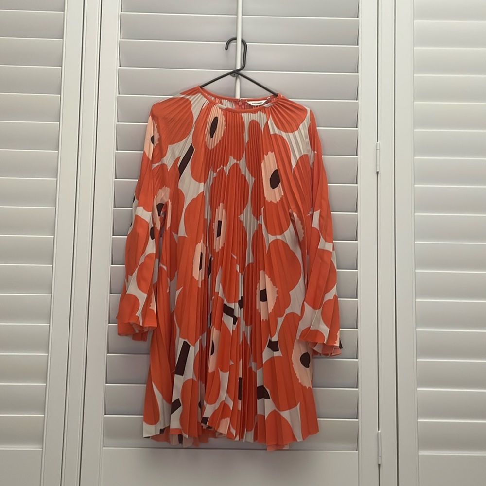 Marimekko Orange Floral Pleated Mini Dress